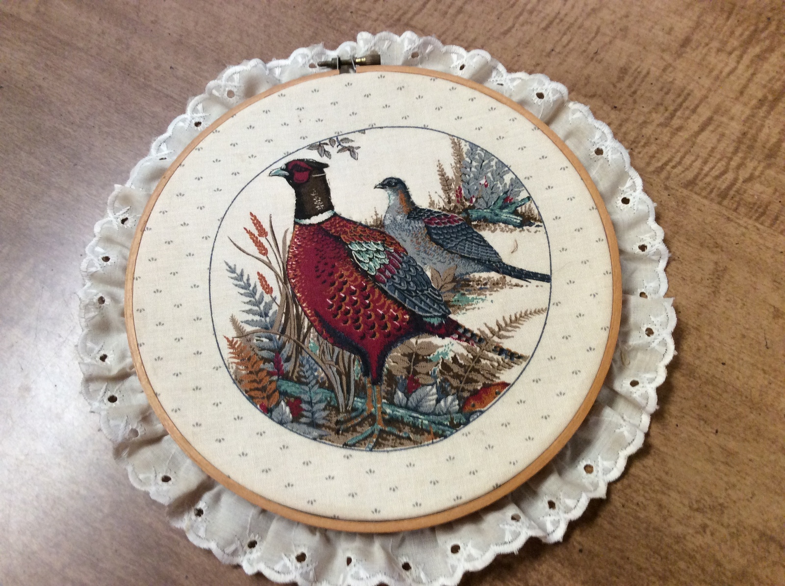 Primary image for Vintage Partridge & Hen Birds in Hoop surrounded by Lace Trim -Hand Crafted ??