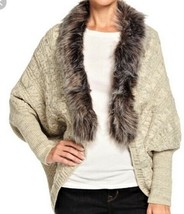 Neiman Marcus Cable-knit Faux-Fur-Trim Cardigan  Sz- L Beige 100% Acrylic - £47.15 GBP