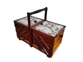 Dark brown sewing box with soft material, Wooden storage box for craft supplies  - £94.36 GBP
