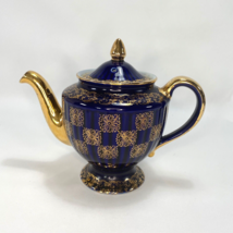 Vtg HALL Teapot Cobalt Blue Gold Medallion Porcelain 6 Cup Made USA 088 GL Flaw - £27.37 GBP