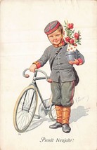 PROSIT NEUJOHR BOY ON BICYCLE DELIVERS FLOWER~1924 ARTIST NEW YEAR POSTCARD - $13.67