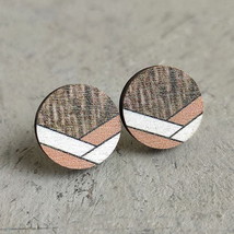 Geometric Stripe Pattern Hexagon Wood Stud Earrings for Women Fashion Wooden Rou - £6.86 GBP