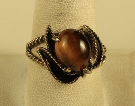 Vtg Sterling Sign 925 Espo Twisted Cable Oxidized Tiger&#39;s Eye Leaves Ring 9 1/2 - £35.60 GBP