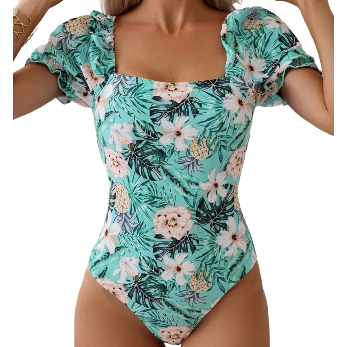 Ruffle Sleeve Swimsuit Size 8/10 (L) Square Neck Criss Cross Strap Back ... - $25.00