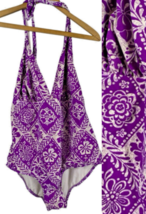 Catalina Swimsuit Size 3X Womens Halter One Piece Purple White Floral Sl... - $35.58
