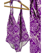 Catalina Swimsuit Size 3X Womens Halter One Piece Purple White Floral Sl... - $48.66 CAD