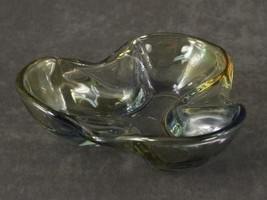 Vintage Art Glass Blue &amp; Yellow Tricorn Clover Nut Candy Bowl Dish 6&quot; - $15.14