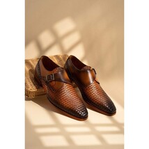 The Rolls Woven Tan Leather Single Monk Strap Handmade Men Shoe image 14