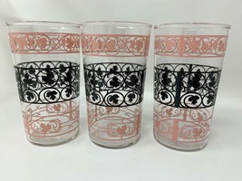 3 Mid Century Vintage Anchor Hocking Wrought Iron Pink Black Glass Tumblers Bar - £19.00 GBP