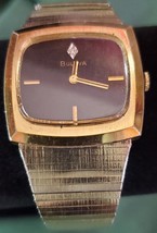 Vintage Bulova Men&#39;s Gold Tone Watch with Black Dial *Flaw* - $48.38