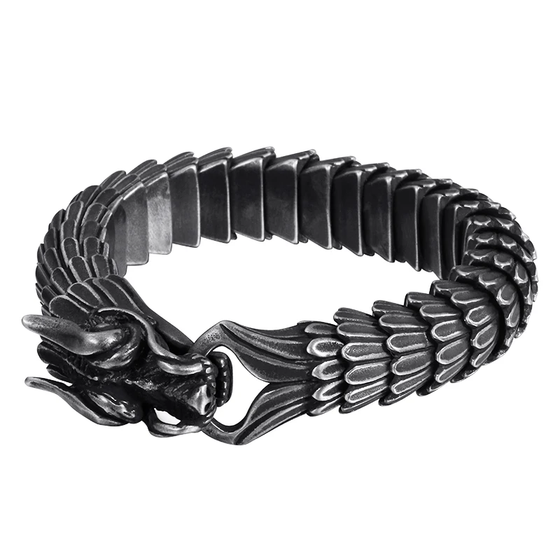 Punk Animal Dragon Head Charm Bracelet Men Stainless Steel Black Matte China Dra - £37.82 GBP