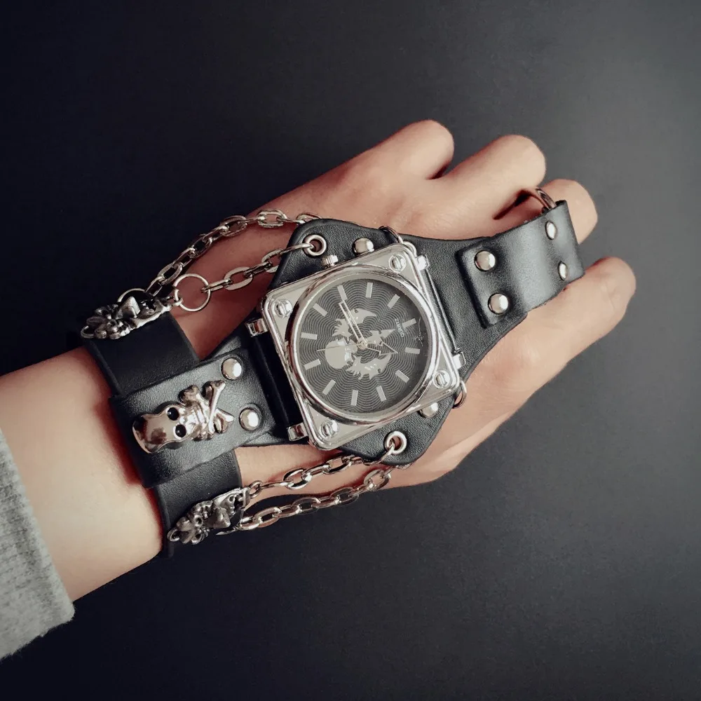 Hot New Men Punk Skull Black Leather Bracelet Wrist Watches with 50mm Wi... - $36.42