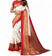 Women&#39;s Printed Art Silk Saree, White Poly Silk Saree with Unstiched Blouse - $13.85