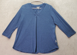 Orvis Shirt Top Women&#39;s Medium Blue Solid Long Casual Sleeve V Neck Logo Pleated - £17.43 GBP