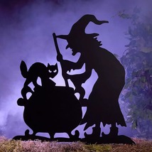 Halloween Spooky Witch w/ Cat &amp; Cauldron Shadow Silhouette Metal Yard Stake - £56.01 GBP