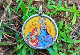 Hand Painted 925 Sterling Silver Miniature Radha Krishna Pendant 23X30mm... - $416.51 MXN