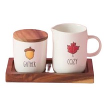 Rae Dunn Set of Ceramic Sugar and Creamer on Wood Tray Autumn Acorn Leaf NEW - £23.19 GBP