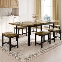 Feonase 7-Piece Dining Table Set With 6 Stools, 63&quot; Large, Rustic Brown - £205.89 GBP