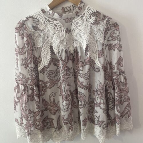 Primary image for LOFT Pink Paisley Crochet Lace Bell Sleeve Boho Top Blouse Size Medium
