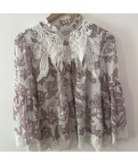 LOFT Pink Paisley Crochet Lace Bell Sleeve Boho Top Blouse Size Medium - £11.16 GBP