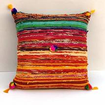 Traditional Jaipur Hand Woven Chindi Cushions, Handmade Cotton Fabric Braided Bo - £10.21 GBP