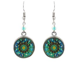 Round New Age Spiritual Astrology Zodiac Wheel Graphic Metal Dangle Earrings - W - $14.84