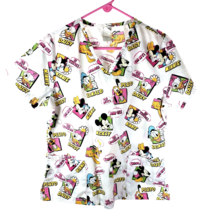 Disney Scrub Top Women Size Medium Minnie Mickey Pluto Donald Daisy Short Sleeve - £5.51 GBP