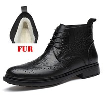 Leather Men Boots Bullock Style Plush  Warm Ankle Snow Boots Outdoor Rubber Sole - £84.65 GBP