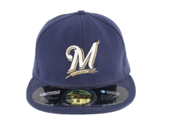 New Era Cool Base Milwaukee Brewers Baseball Fitted Hat Cap Navy Blue USA Size 8 - £26.94 GBP