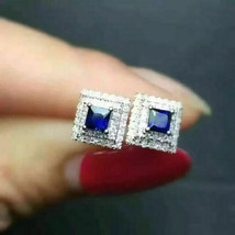 2.50Ct Princess Cut Simulated Sapphire Halo Stud Earrings 14K White Gold Plated - £32.87 GBP