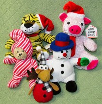 Christmas Plush Lot Of 5 Tiger Pig Snowman Moose Candy Cane Teddy Bear 7&quot;-9&quot; Toy - £10.89 GBP