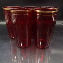 Vintage Ruby Red Set of 5 Tumbler Glasses with Hand Painted Gold Trim MCM - $23.74