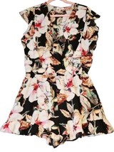 Umgee Womens Black Floral Romper Shorts Sz M Short Sleeve Ruffle Faux Wrap Boho - £19.57 GBP