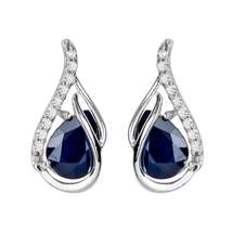 10k White Gold Genuine Pear-Shape Sapphire and Diamond Curved Halo Drop Earrings - £157.59 GBP
