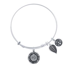 Sterling Silver Expandable Bangle with Leaf, Sunflower Charms, and Tree Charms - £38.53 GBP