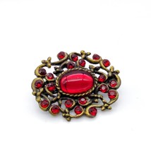 Vintage Ruby Red Sparkle Brooch, Gold Tone and Red Crystals with Oval Lu... - $28.06
