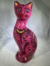 Mexican Folk Art Pink Black Hand Painted Cat Kitty Ceramic Piggy Bank 10” - £17.58 GBP