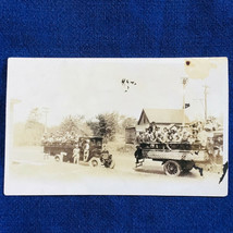 Antique Trucks Patriotic Parade with Stars &amp; Stripes bunting Boater Hats RPPC - £13.19 GBP