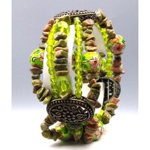 Vintage Multi Strand Green Stretch Bracelet with Unakite Jasper Chips, Faceted - £87.49 GBP