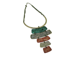 5 Tier Metal Drop Petina Colored Brass Statement Necklace On Half Circle Chain  - £7.65 GBP