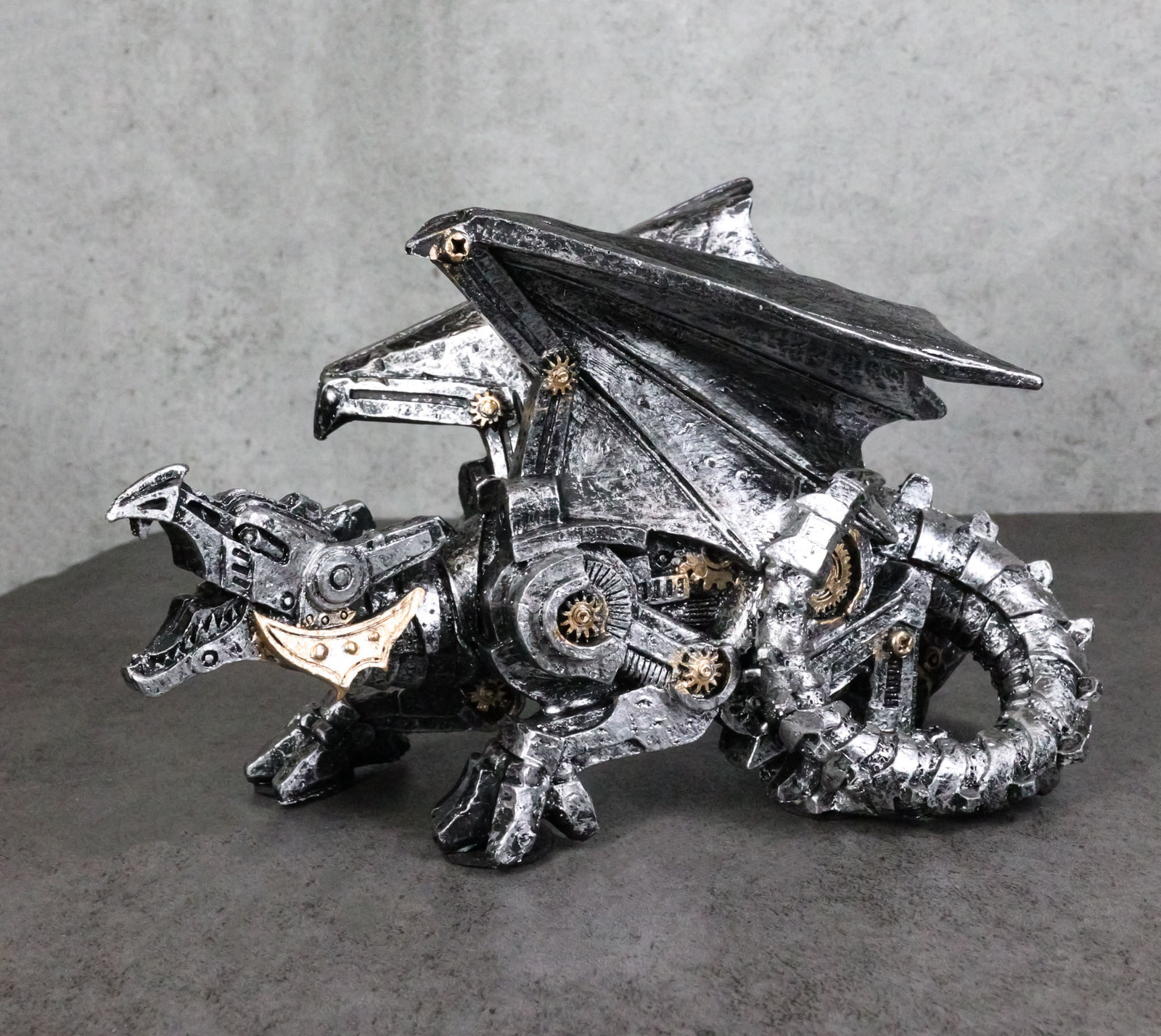 Roaring Steampunk Silver Robotic Cyborg Winged Geared Clockwork Dragon F... - $25.99