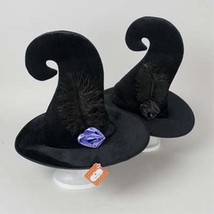 Horror-Hall Unique Funky Curled Black Velvet Wicked Witch Hat Feather Flower Ros - £8.59 GBP
