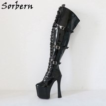 Black Patent Women Boots Thigh High 20Cm Super High Heels Thick Platform Shoes - £209.09 GBP