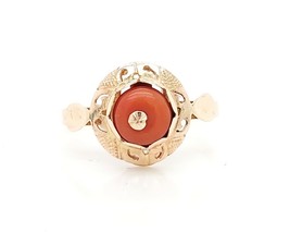 14k 583 Russian Rose Gold Women&#39;s Vintage Ring With Coral Stone - £159.07 GBP