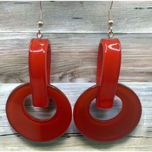 Red Dangle Earrings Vintage 80s Retro Round Circles Chunky Plastic - £11.94 GBP