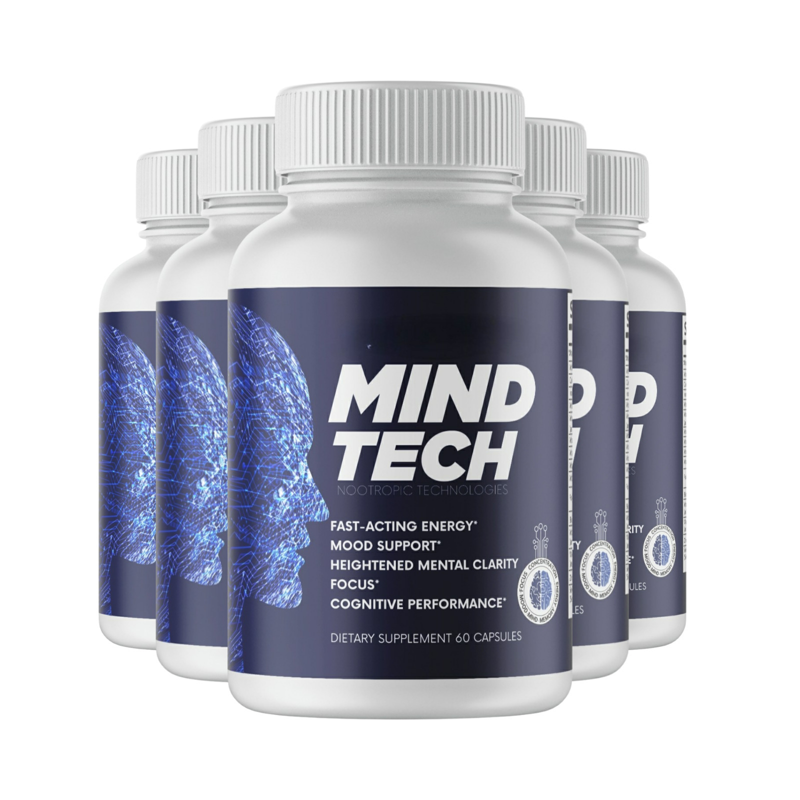5 Pack Mind Tech Supplement Official Brain Booster Support - 300 Capsules