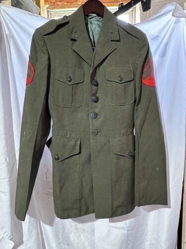Primary image for Vintage USMC Dress Uniform Jacket Coat w/ Corporal Stripes 34R 1970s NAMED