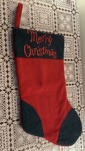 Red Green Corduroy Merry Christmas Stocking 17 Inch Embroidered Sturdy Fabric - £10.37 GBP