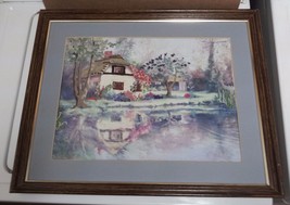 Embroidered picture of cottage by lake 22&quot; x 18&quot; frame 10.5&quot; x 8.5&quot; picture - $28.00