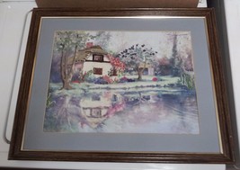 Embroidered picture of cottage by lake 22&quot; x 18&quot; frame 10.5&quot; x 8.5&quot; picture - £22.37 GBP